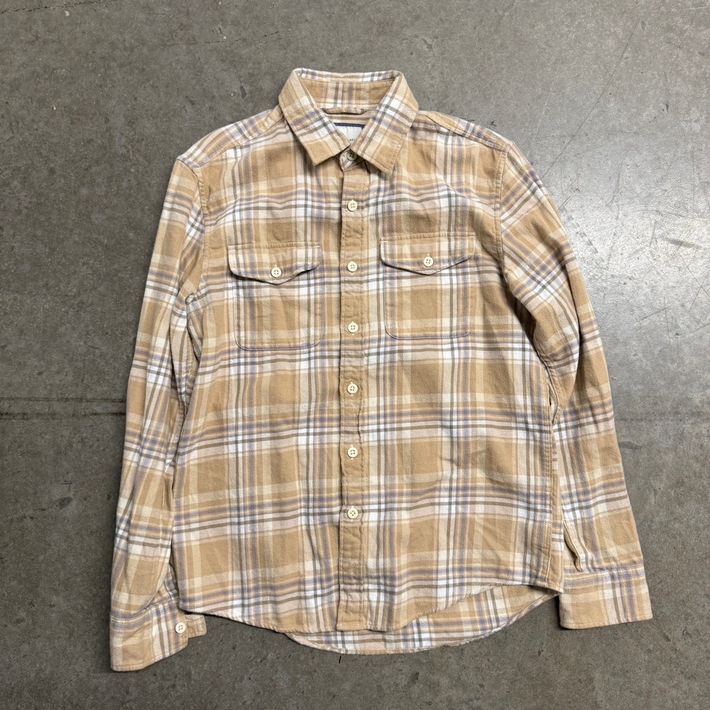 American Eagle Super Soft Plaid Flannel Shirt Mens Small Tan Blue Button Down